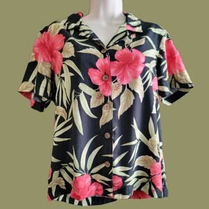 Vintage 1980s Black and Coral Red Hibiscus Hawaiian Shirt Size M by La Cabana